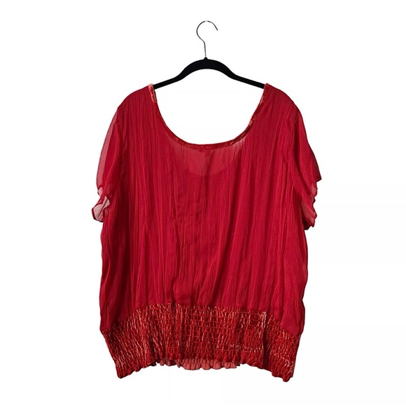 Seven7 Top Women's Size 18/20 Red Chiffon Velvet Trim Smocked Short Sleeve Boho - Picture 3 of 5
